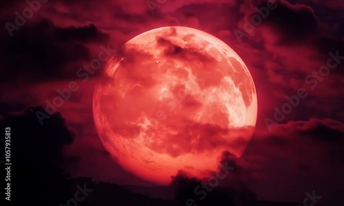 Fiery red moon glowing ominously with dark clouds, a haunting night sky