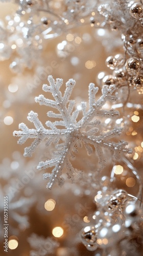 Delicate snowflakes shimmering against a warm golden background during winter...