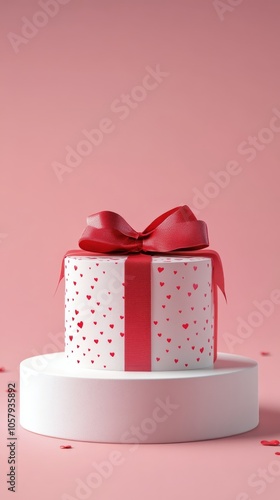 Decorative red gift box with a ribbon on a white pedestal against a pink back...
