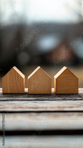 Wooden toy houses arranged in a row with a blurred background on a sunny day