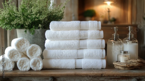 Stacked white towels and spa essentials arranged nicely on a wooden table in ...