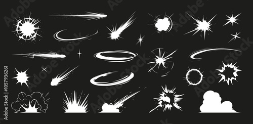 A dynamic set of explosion and impact effects, featuring bursts, shockwaves, flares, and blasts. Cartoon explosion, vfx elements. Cartoon effects: explosion, impact, energy, burst, flash, speed
