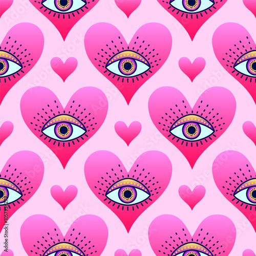 Seamless pattern featuring mystical eyes within pink gradient hearts , combining boho and surreal elements for unique design projects.