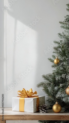 Gift wrapped in gold ribbon beside snowy Christmas tree decorated with orname...