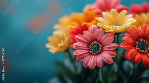 Colorful floral arrangement featuring various blooms against a bright blue ba...