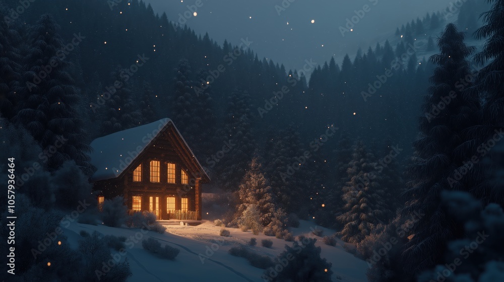 Fototapeta premium A warm cabin glowing in the snowy forest at night with falling snowflakes.