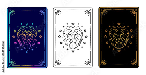 Set of three tarot cards with  Leo zodiac sign in gradient, black and white, and gold on black variations.