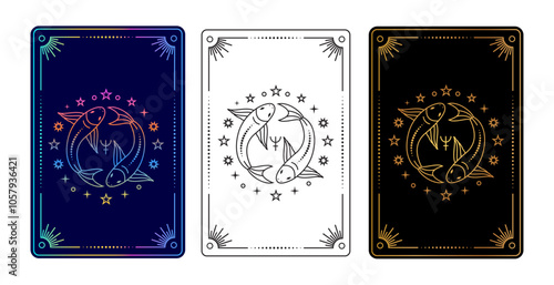 Set of three tarot cards with  Pisces zodiac sign in gradient, black and white, and gold on black variations.