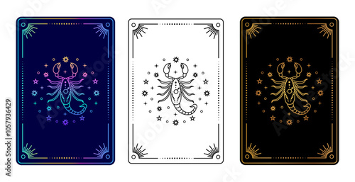 Set of three tarot cards with  Scorpio zodiac sign in gradient, black and white, and gold on black variations.
