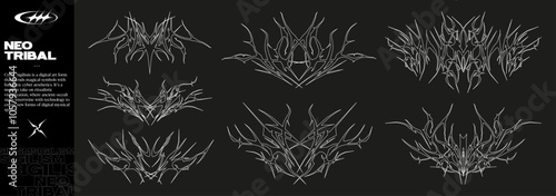 Neo-tribal in cyber-infused style. Gothic tattoo graphic set, Cyber sigilism, digital art. Combination of futurism and ancient magical symbols. Neo tribal and cyber sigilism concept. Vector set