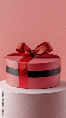 Decorative red gift box with a ribbon on a white pedestal against a pink back...