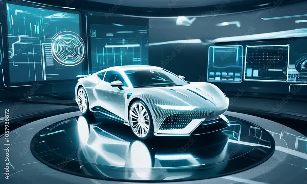 Sleek futuristic sports car displayed in a high tech digital showroom with advanced technology interfaces Sleek futuristic sports car displayed in a high tech digital showroom with advanced technology interfaces