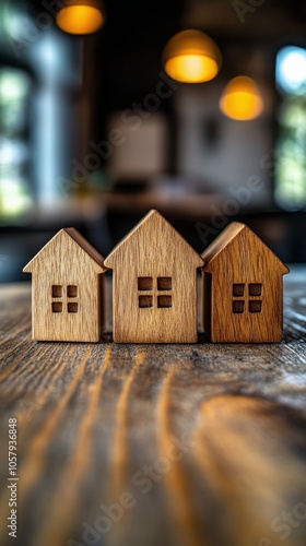Wooden toy houses arranged in a row with a blurred background on a sunny day