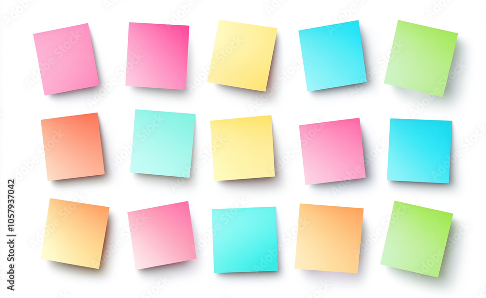 Brightly colored sticky notes in a grid layout on a gray background, ideal for concepts of organization, reminders, and creative brainstorming.
Brightly colored sticky notes in a grid layout on a gray background, ideal for concepts of organization, reminders, and creative brainstorming.