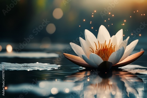 A serene white lotus flower blooming in a tranquil pond during daylight hours