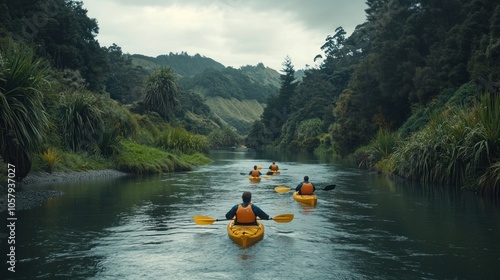 A group of friends paddling down a tranquil river surrounded by lush green forests.