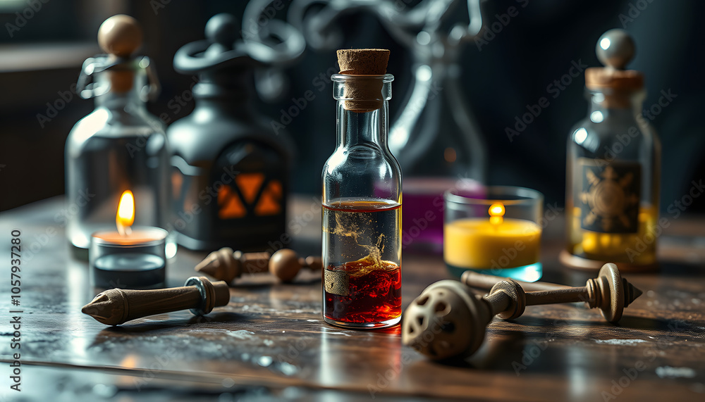 Witchcraft table set, selective focus at potion vial or glass bottle with magic liquid ingredient. Alchemy and esoteric items for magic cult at the background. Spiritual occultism and magic chemistr Witchcraft table set, selective focus at potion vial or glass bottle with magic liquid ingredient. Alchemy and esoteric items for magic cult at the background. Spiritual occultism and magic chemistr