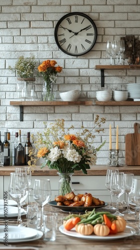 Autumn dinner setting with decorative pumpkins and flowers in a modern kitchen