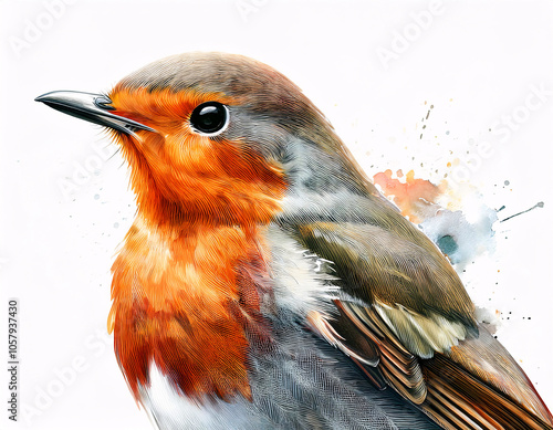 A detailed illustration of a European Robin perched on a branch, its vibrant orange breast contrasting with the white background photo