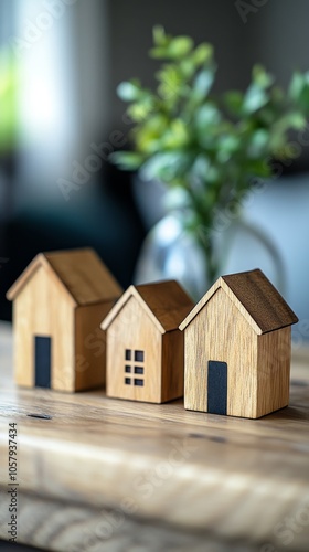 Wooden toy houses arranged in a row with a blurred background on a sunny day