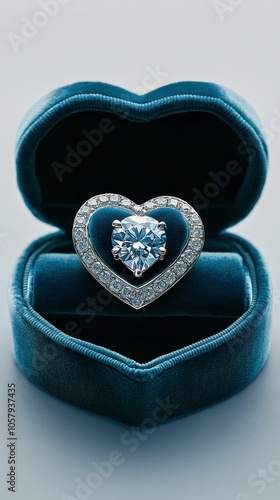 Beautiful heart shaped engagement ring presented in a teal velvet box