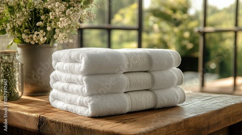 Stacked white towels and spa essentials arranged nicely on a wooden table in ...