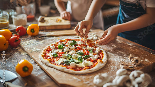 Two children are making a pizza on a wooden table. Toppings are being added.