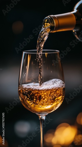 Pouring sparkling wine into a glass with bubbles in an elegant setting during...