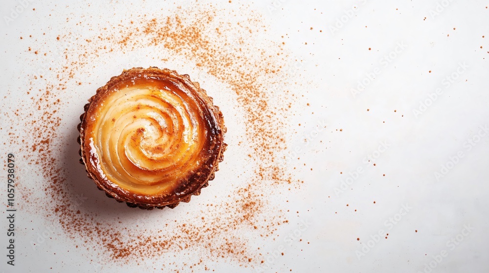 Pastel de nata with caramelized edges isolated on a creamy white background, with holiday sparkles and cinnamon powder Pastel de nata with caramelized edges isolated on a creamy white background, with holiday sparkles and cinnamon powder