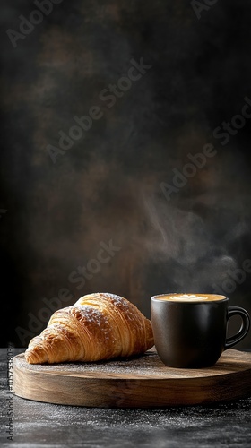 Morning delights featuring two golden croissants and two cups of espresso on ...