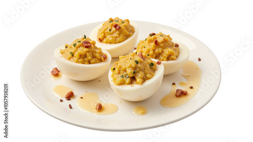 isolated deviled eggs on plate on white