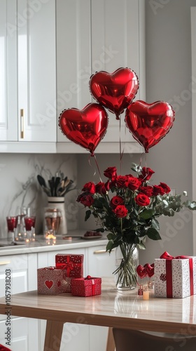 Decorative arrangement of red heart balloons and roses on a kitchen table for...