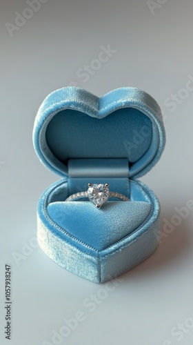 Beautiful heart shaped engagement ring presented in a teal velvet box