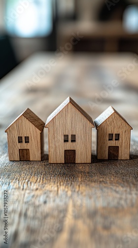 Wooden toy houses arranged in a row with a blurred background on a sunny day