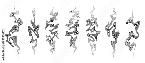 Striped abstract dynamic lines, waves, creative amplitudes black and white, music energy, equalizer. Graphic set of vertical waves, suitable for flash tattoo, y2k, sound dynamic lines glitch. Vector