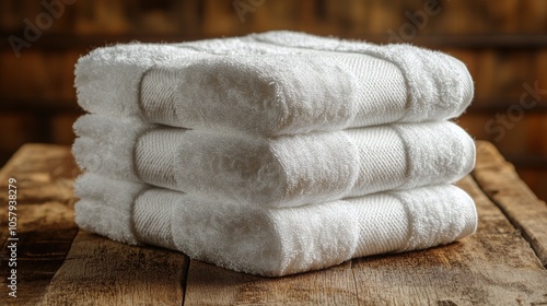 Stacked white towels and spa essentials arranged nicely on a wooden table in ...