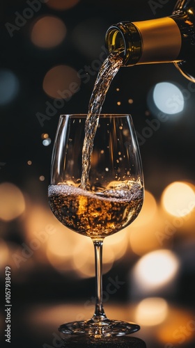 Pouring sparkling wine into a glass with bubbles in an elegant setting during...