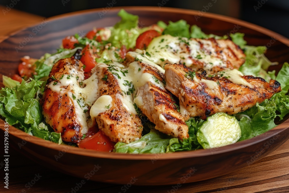 Delicious Chicken Salad with Fresh Greens on Wooden Plate Delicious Chicken Salad with Fresh Greens on Wooden Plate