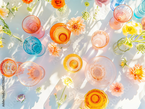 Colorful glassware and flowers arranged on a white table spread, casting soft shadows in bright sunlight.