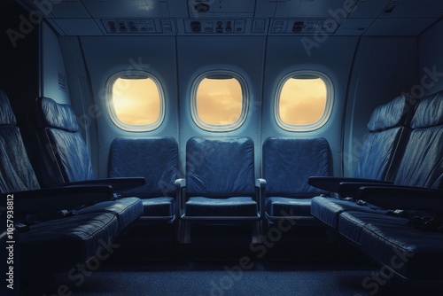 Interior of a blue transport cabin featuring two seats and a round window in ...