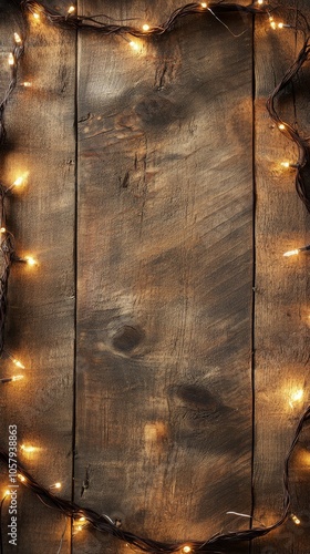 Warm twilight atmosphere created by string lights on rustic wooden background...