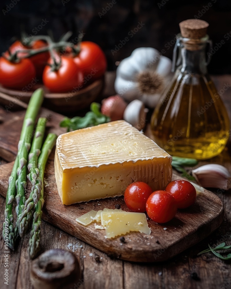 Rustic Kitchen Delight: Artisan Cheese Platter with Fresh Mediterranean Ingredients on Wooden Board Rustic Kitchen Delight: Artisan Cheese Platter with Fresh Mediterranean Ingredients on Wooden Board