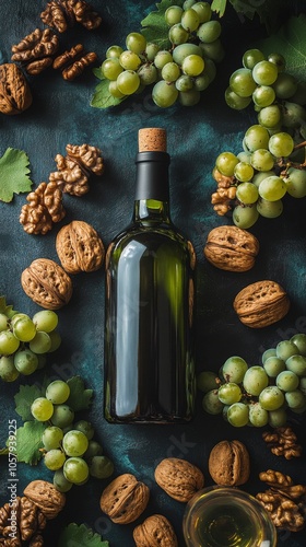 Amber bottle surrounded by purple grapes and nuts on a textured surface in na...