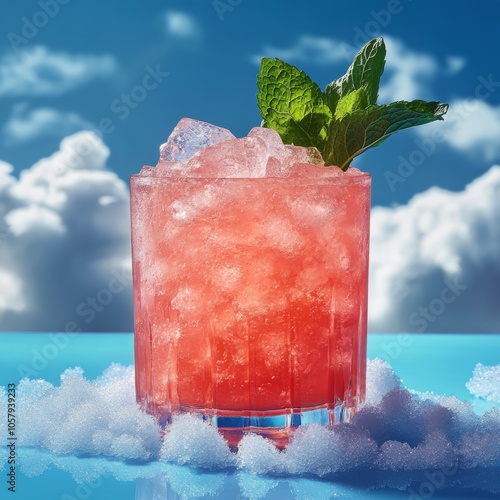 Refreshing pink drink with mint ice cubes against a bright sky background
