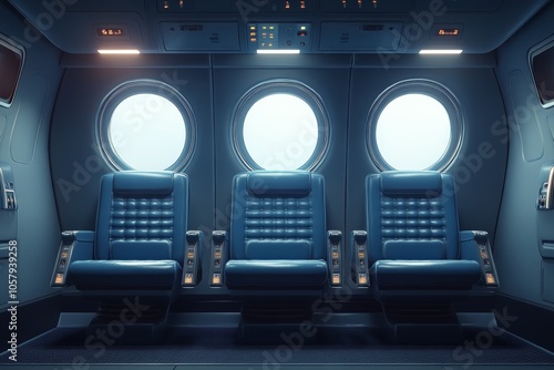 Interior of a blue transport cabin featuring two seats and a round window in ...