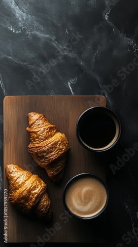 Morning delights featuring two golden croissants and two cups of espresso on ...
