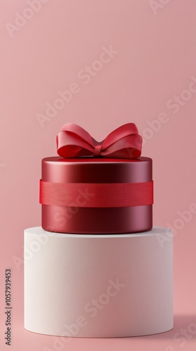 Decorative red gift box with a ribbon on a white pedestal against a pink back...