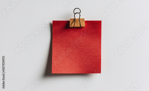 Minimalistic image of a red square paper held by a metal binder clip against a plain white background, ideal for notes or design mockups. 