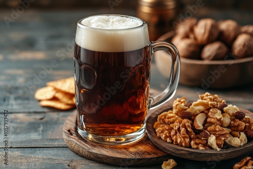 A glass of amber beer beside a wooden platter filled with assorted snacks in ...