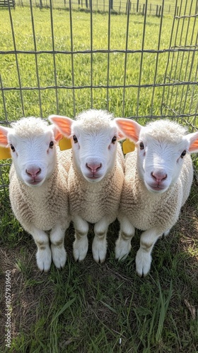 Three young lambs stand together in a sunny field near a fence on a warm afte...